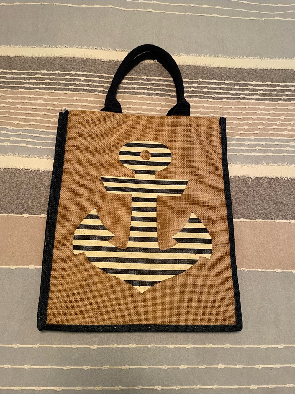 Striped Anchor Jute Tote Bag in Natural and Black